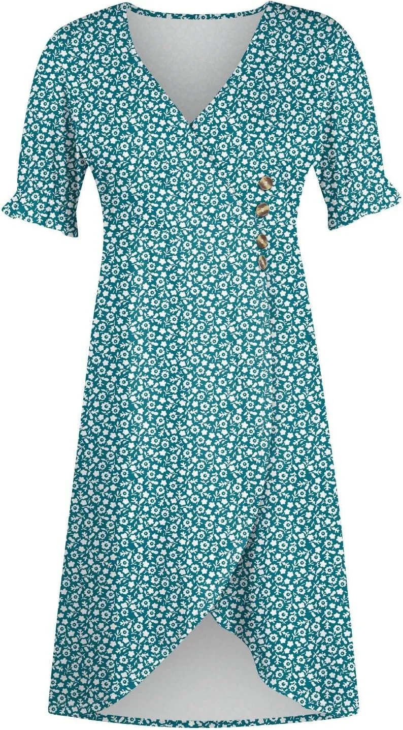 Women's Summer Wrap Dress Floral Print Button V-Neck Polka Dot Dress Short Sleeve Ruffled Aline Midi Sundress