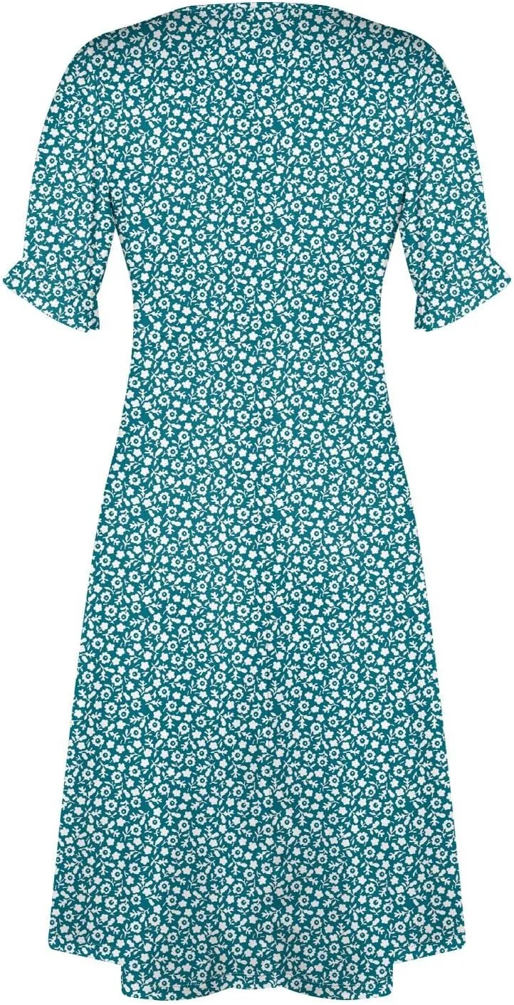 Women's Summer Wrap Dress Floral Print Button V-Neck Polka Dot Dress Short Sleeve Ruffled Aline Midi Sundress