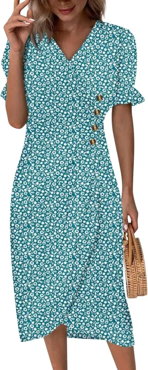 Women's Summer Wrap Dress Floral Print Button V-Neck Polka Dot Dress Short Sleeve Ruffled Aline Midi Sundress