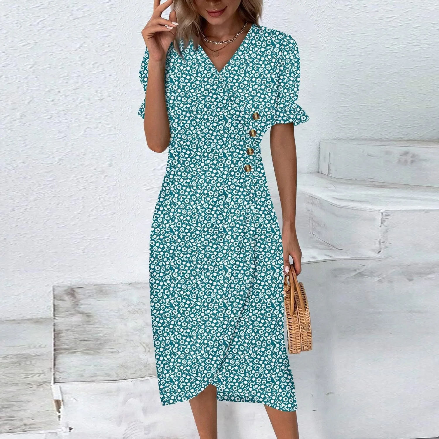 Women's Summer Wrap Dress Floral Print Button V-Neck Polka Dot Dress Short Sleeve Ruffled Aline Midi Sundress