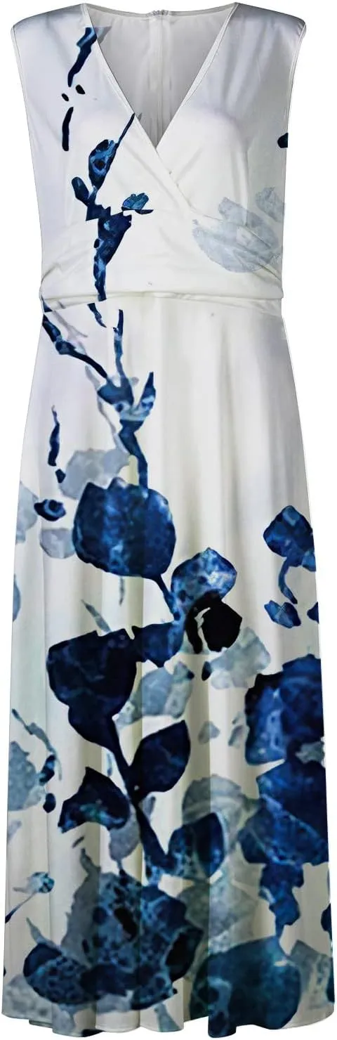 Women's Sundresses 2025 V-Neck Floral Print Sleeveless Casual Swing High Waist Long Maxi Dress, S-3XL