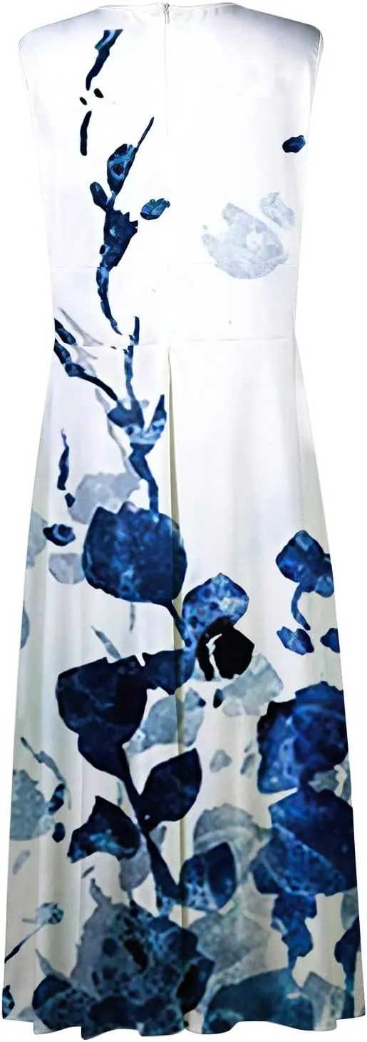 Women's Sundresses 2025 V-Neck Floral Print Sleeveless Casual Swing High Waist Long Maxi Dress, S-3XL