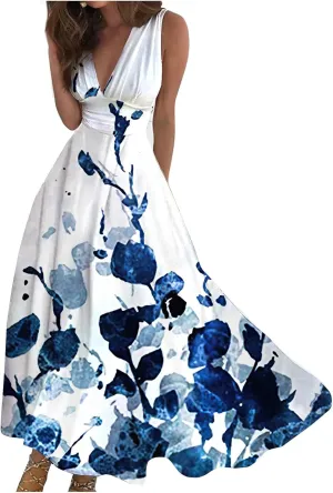 Women's Sundresses 2025 V-Neck Floral Print Sleeveless Casual Swing High Waist Long Maxi Dress, S-3XL
