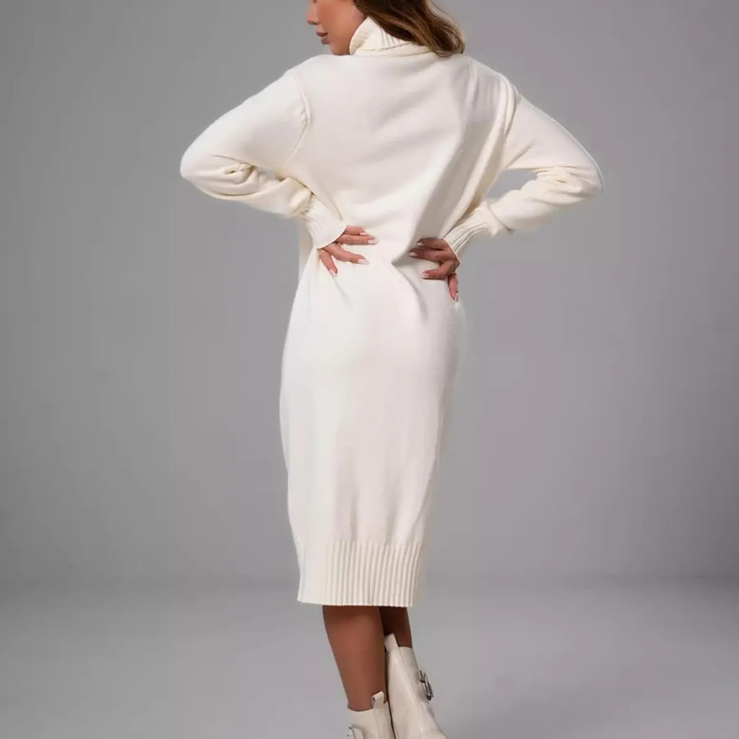 Women's Sweater Dress Winter Fashion High Neck Solid Color Premium Feeling Pairing Casual Loose Sweater Dresses