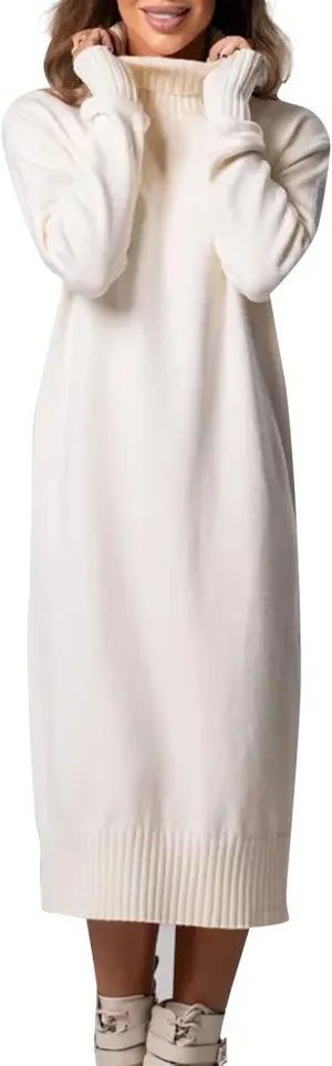 Women's Sweater Dress Winter Fashion High Neck Solid Color Premium Feeling Pairing Casual Loose Sweater Dresses