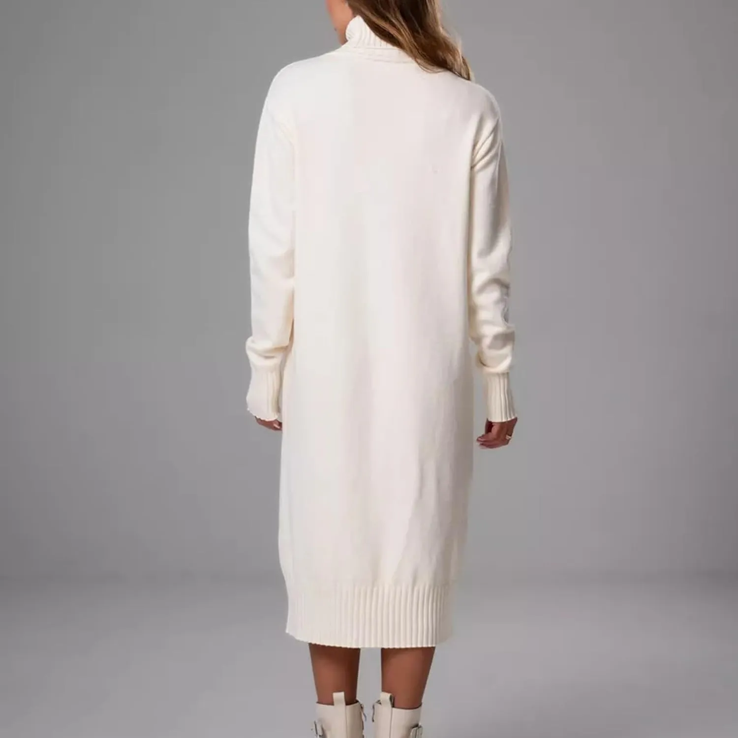 Women's Sweater Dress Winter Fashion High Neck Solid Color Premium Feeling Pairing Casual Loose Sweater Dresses