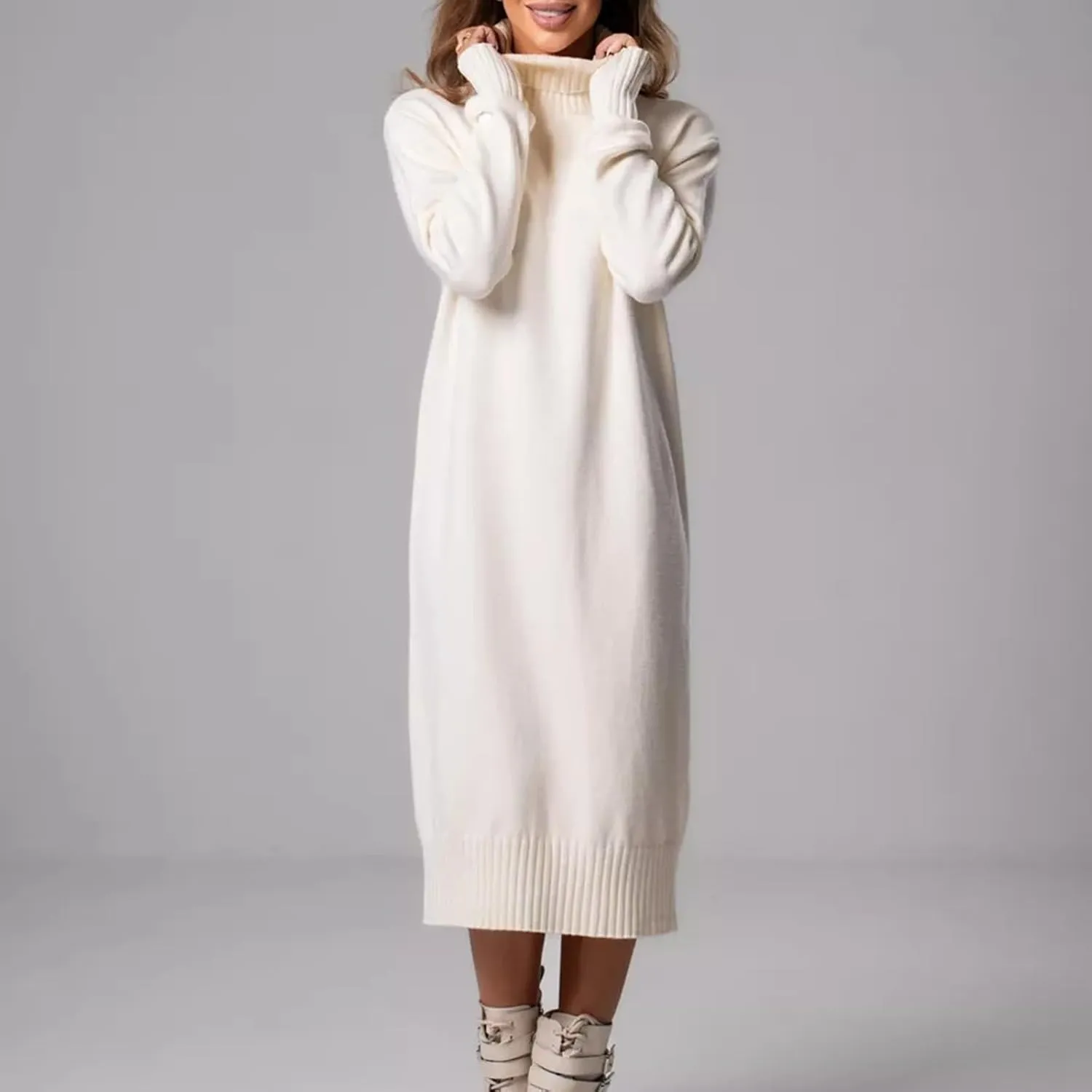 Women's Sweater Dress Winter Fashion High Neck Solid Color Premium Feeling Pairing Casual Loose Sweater Dresses