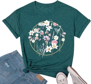 Womens T Shirts Adventure Awaits Mountain Sunrise Flower Heart Printed Shirt Boho Floral Wildflowers Graphic Funny Tee Tops
