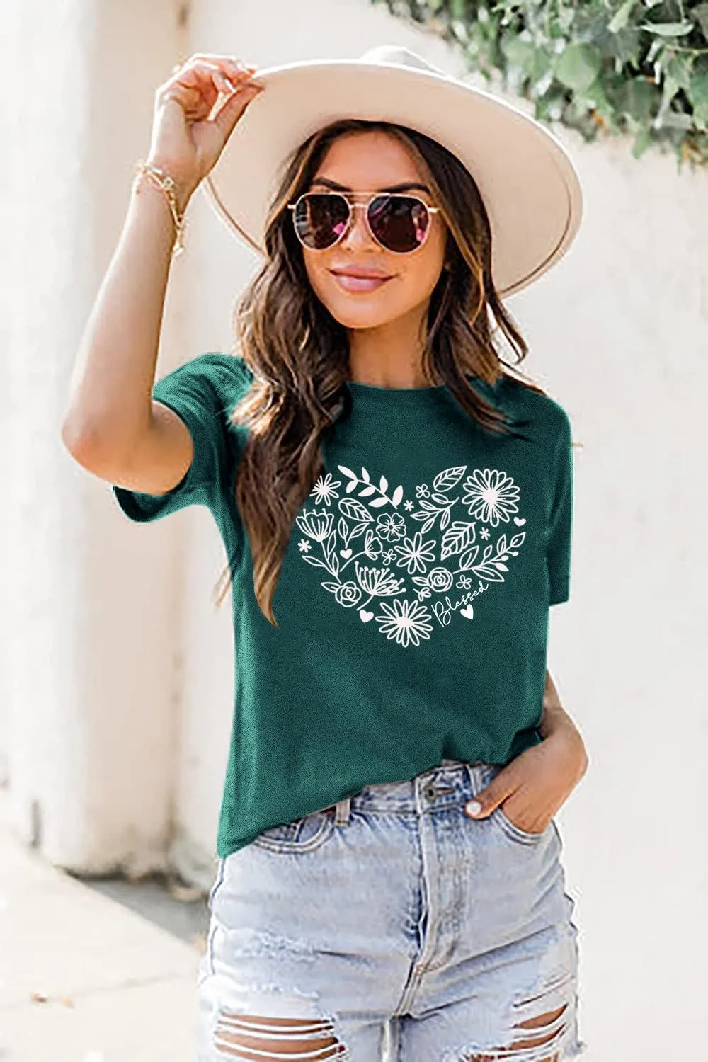 Womens T Shirts Adventure Awaits Mountain Sunrise Flower Heart Printed Shirt Boho Floral Wildflowers Graphic Funny Tee Tops