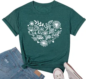Womens T Shirts Adventure Awaits Mountain Sunrise Flower Heart Printed Shirt Boho Floral Wildflowers Graphic Funny Tee Tops