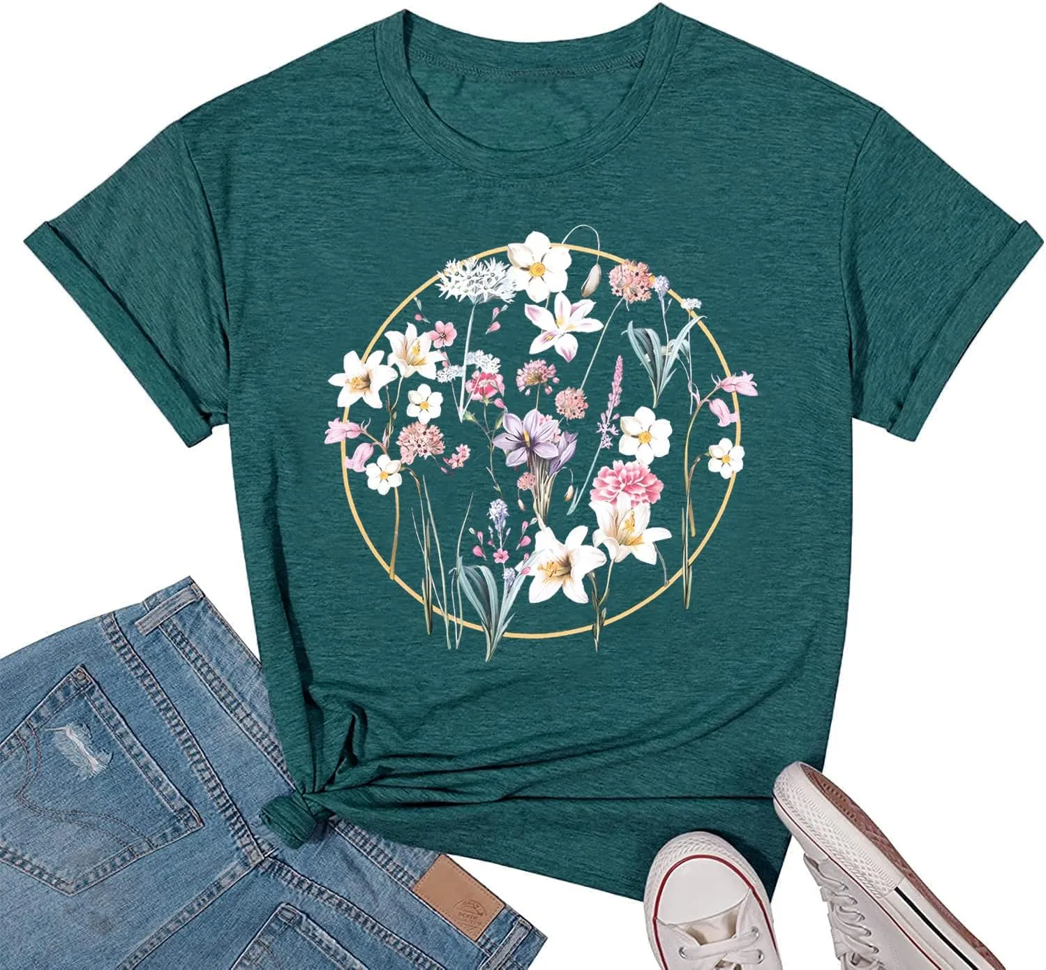Womens T Shirts Adventure Awaits Mountain Sunrise Flower Heart Printed Shirt Boho Floral Wildflowers Graphic Funny Tee Tops