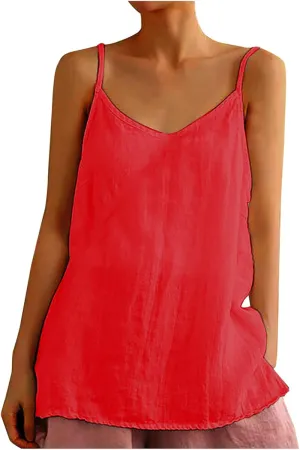 Womens Tank Tops Summer Casual Solid Sleeveless V Neck Camisole Loose Spaghetti Strap Cotton Linen Cami Shirts 2025
