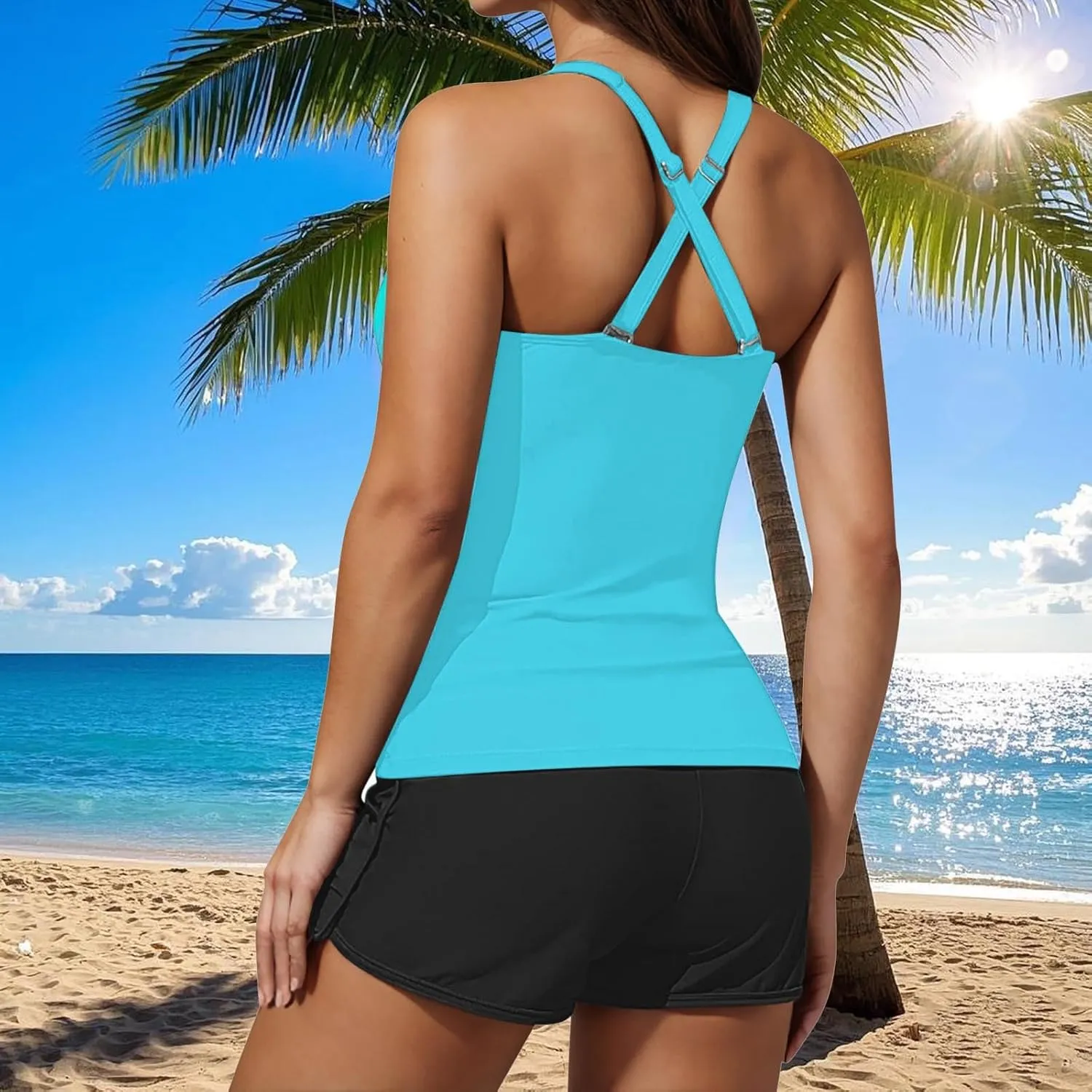 Women's Tankini Swimsuits with Boyshorts Cutout Twist Front Two Pieces Bathing Suit Ruched Tummy Control Swimwear