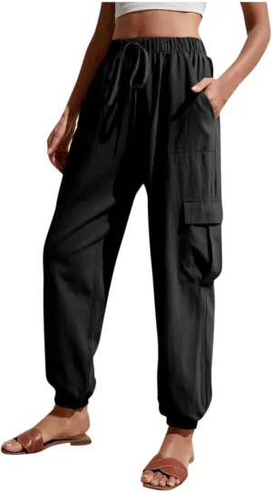 Womens Tapered Cargo Pants Trendy Drawstring Elastic High Waisted Wide Leg Pants Loose Solid Color Casual Trousers
