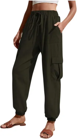 Womens Tapered Cargo Pants Trendy Drawstring Elastic High Waisted Wide Leg Pants Loose Solid Color Casual Trousers