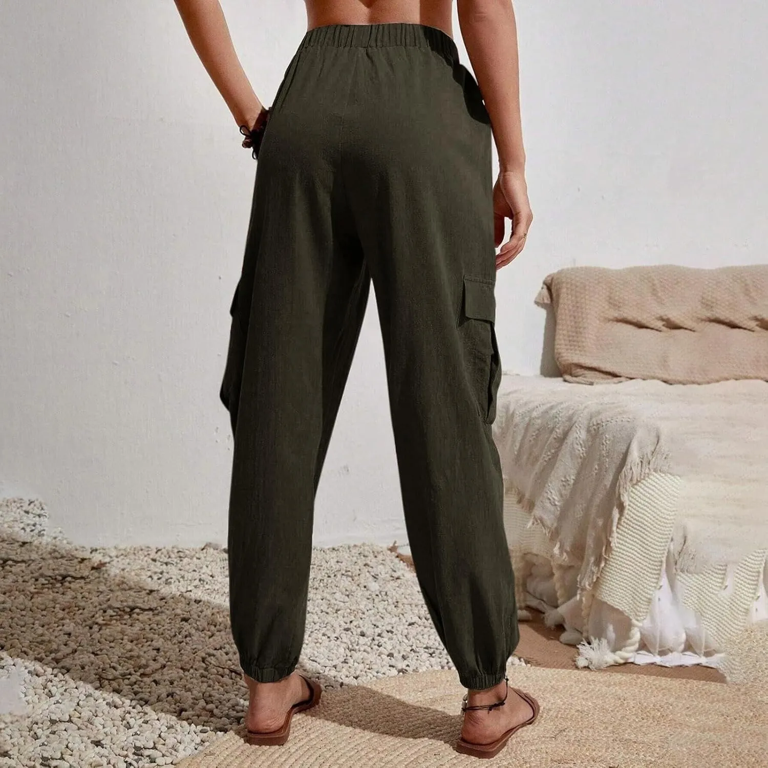Womens Tapered Cargo Pants Trendy Drawstring Elastic High Waisted Wide Leg Pants Loose Solid Color Casual Trousers