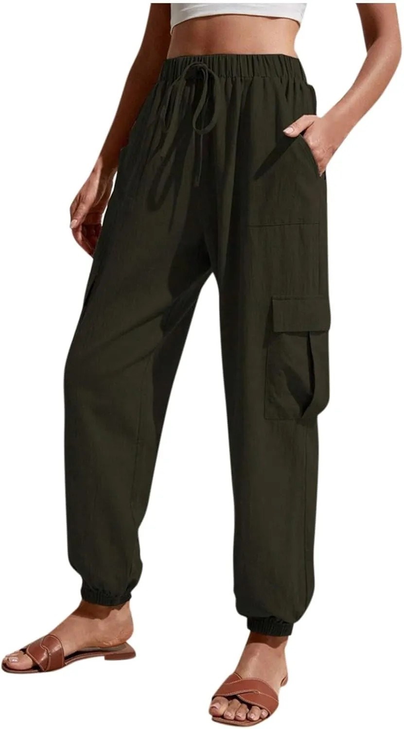 Womens Tapered Cargo Pants Trendy Drawstring Elastic High Waisted Wide Leg Pants Loose Solid Color Casual Trousers