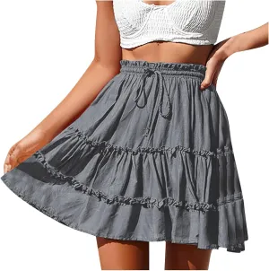 Women's Tiered Mini Skirts Elastic Ruffle Hem Beach Skirt Drawstring Stretch Flowy Pleated Boho Skirts