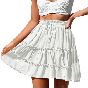 Women's Tiered Mini Skirts Elastic Ruffle Hem Beach Skirt Drawstring Stretch Flowy Pleated Boho Skirts