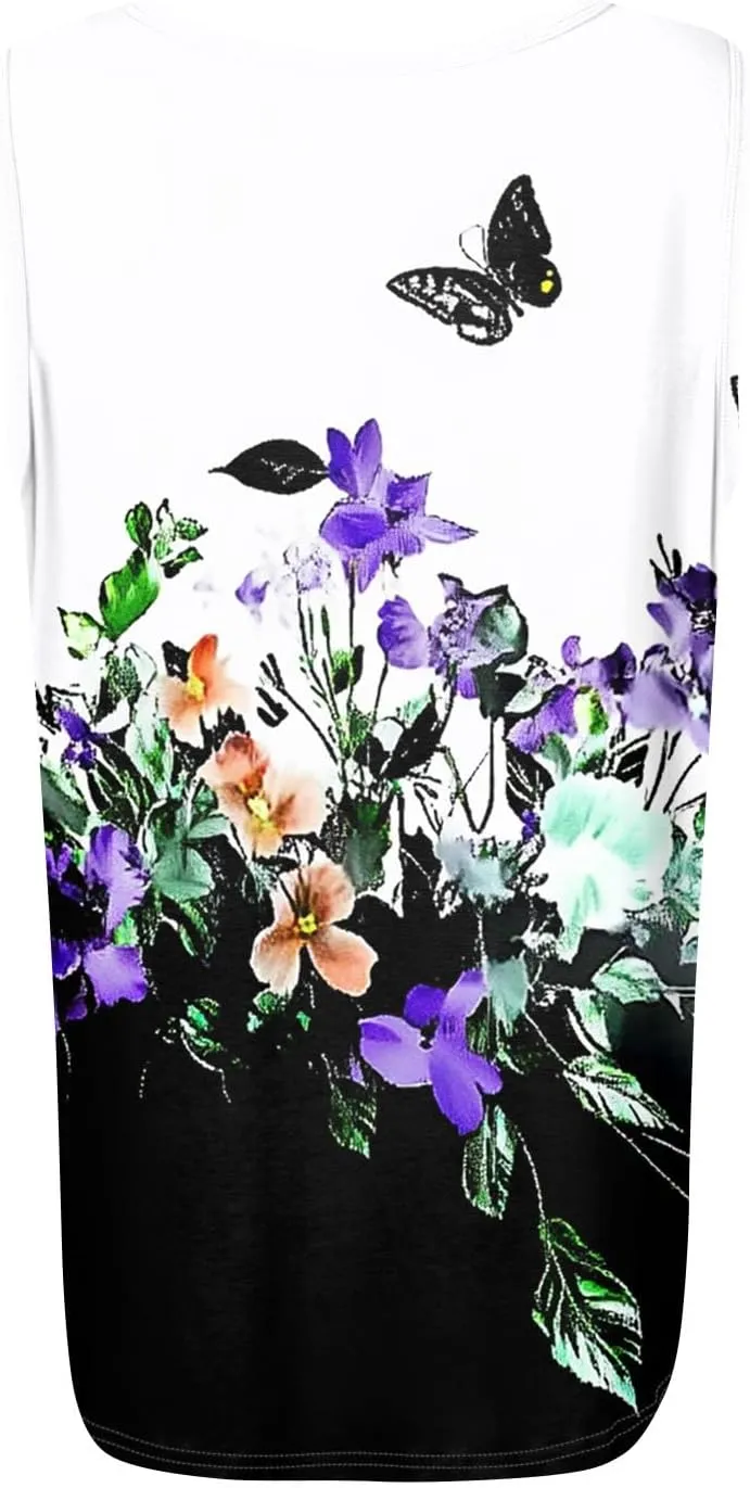 Womens Tops 2025 Square Neck Sleeveless Casual Tunic Tees Trendy Floral Print Loose Soft Comfy Summer Shirts