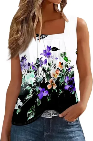 Womens Tops 2025 Square Neck Sleeveless Casual Tunic Tees Trendy Floral Print Loose Soft Comfy Summer Shirts