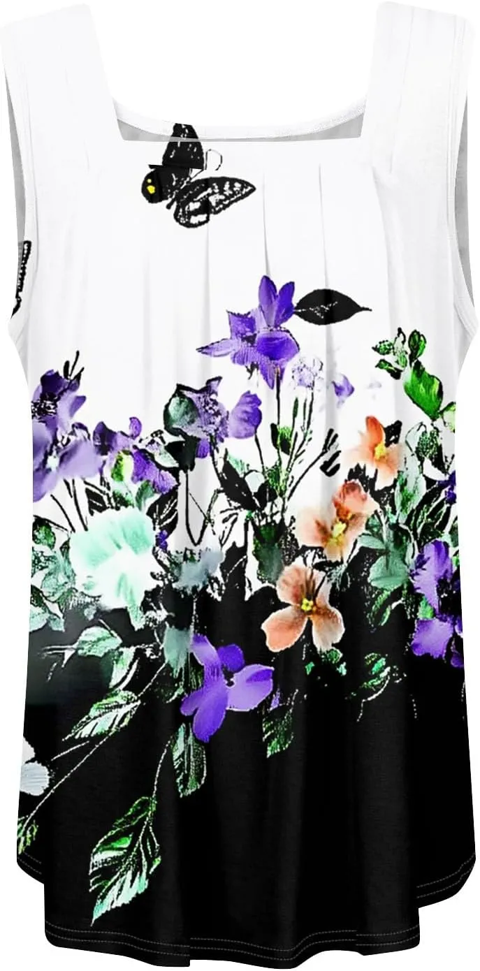 Womens Tops 2025 Square Neck Sleeveless Casual Tunic Tees Trendy Floral Print Loose Soft Comfy Summer Shirts