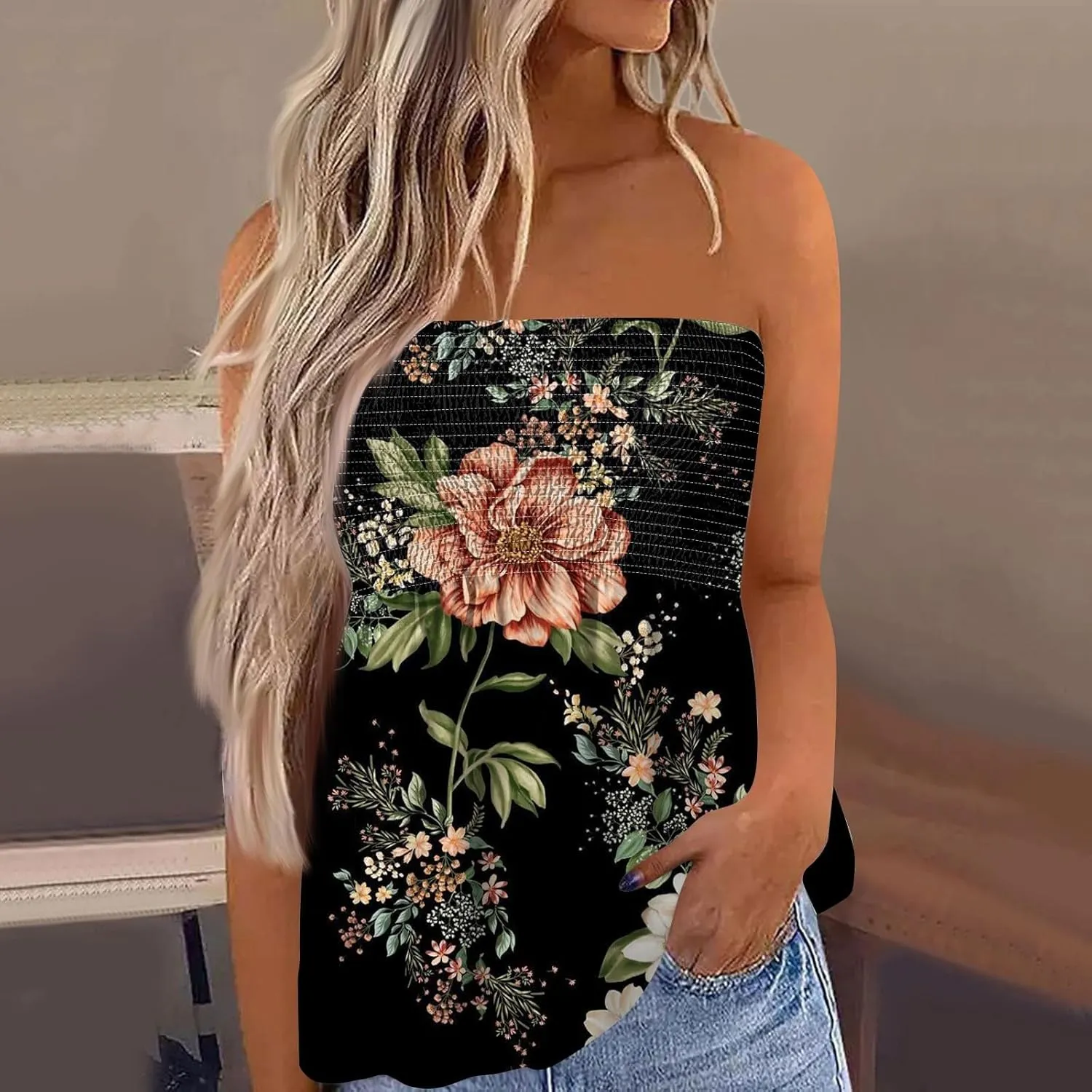Women's Tube Tops Summer Casual Bandeau Tank Casual Strapless Blouse Off The Shoulder Tunic Shirts Plus Size