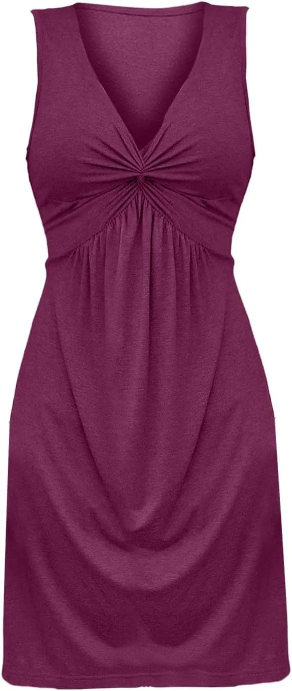 Womens Twist Front V Neck Summer Sleeveless A Line Dress Casual Beach Party Tunic Slim Fit Sexy Bodycon Mini Sundress
