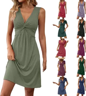 Women's Twist Front V Neck Tank A Line Dress Ruffle Summer Elegant Sleeveless Club Party Tunic Bodycon Mini Sundress