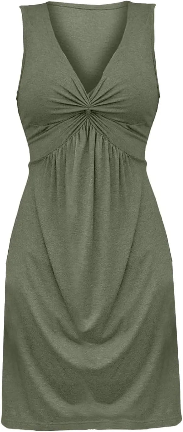 Women's Twist Front V Neck Tank A Line Dress Ruffle Summer Elegant Sleeveless Club Party Tunic Bodycon Mini Sundress