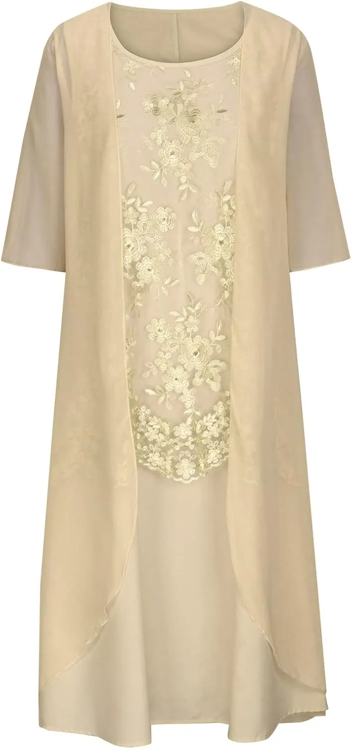 Womens Two-Piece Set Floral Print Midi Sleeveless Dress with Cardigan Chiffon Flowy Plus Size Wedding Guest Dresses