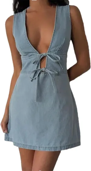 Womens Waist Cinching Deep V-Strap Dress Slimming Sleeveless A-Line Skirt