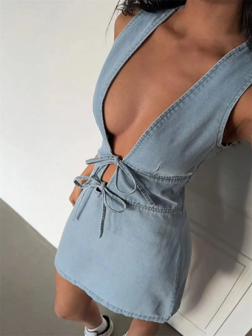 Womens Waist Cinching Deep V-Strap Dress Slimming Sleeveless A-Line Skirt