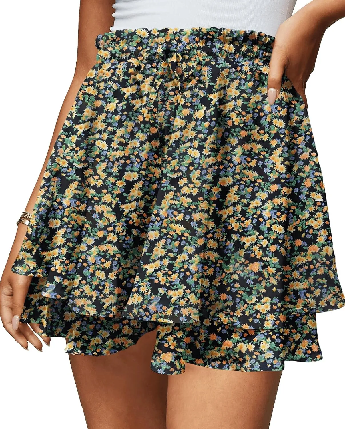 Women's Women's Summer Flowy Ruffle Hem Skirt Elastic High Waist Casual Boho Floral Skorts