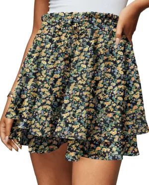 Women's Women's Summer Flowy Ruffle Hem Skirt Elastic High Waist Casual Boho Floral Skorts
