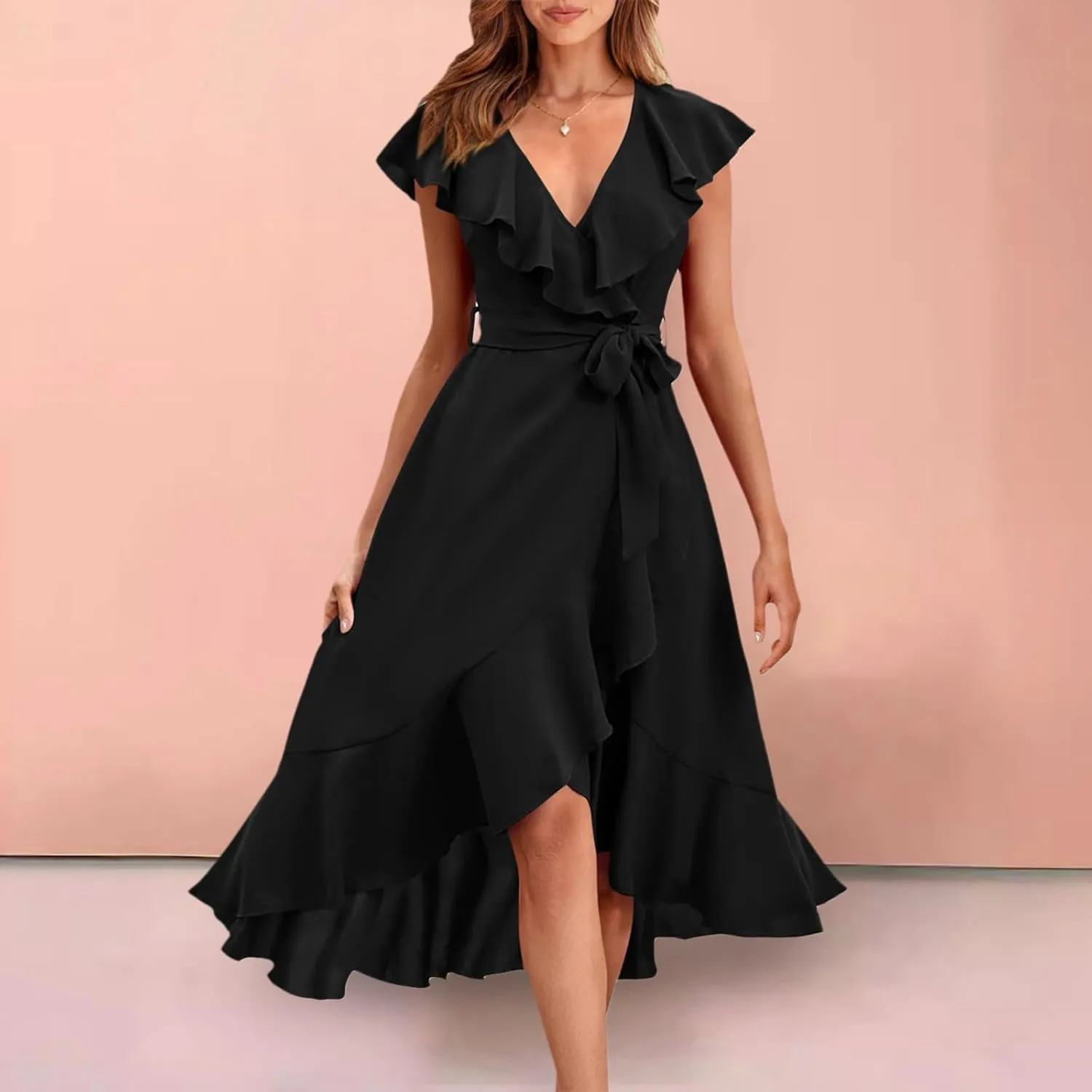 Women's Wrap Midi Dress Casual Boho Deep V Neck Short Sleeve Ruffle Hem Split Beach Long Dresses
