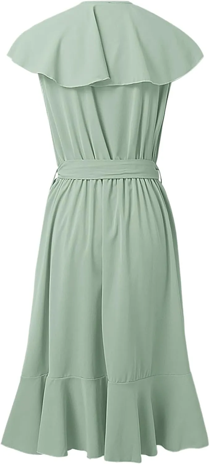 Women's Wrap Midi Dress Casual Boho Deep V Neck Short Sleeve Ruffle Hem Split Beach Long Dresses