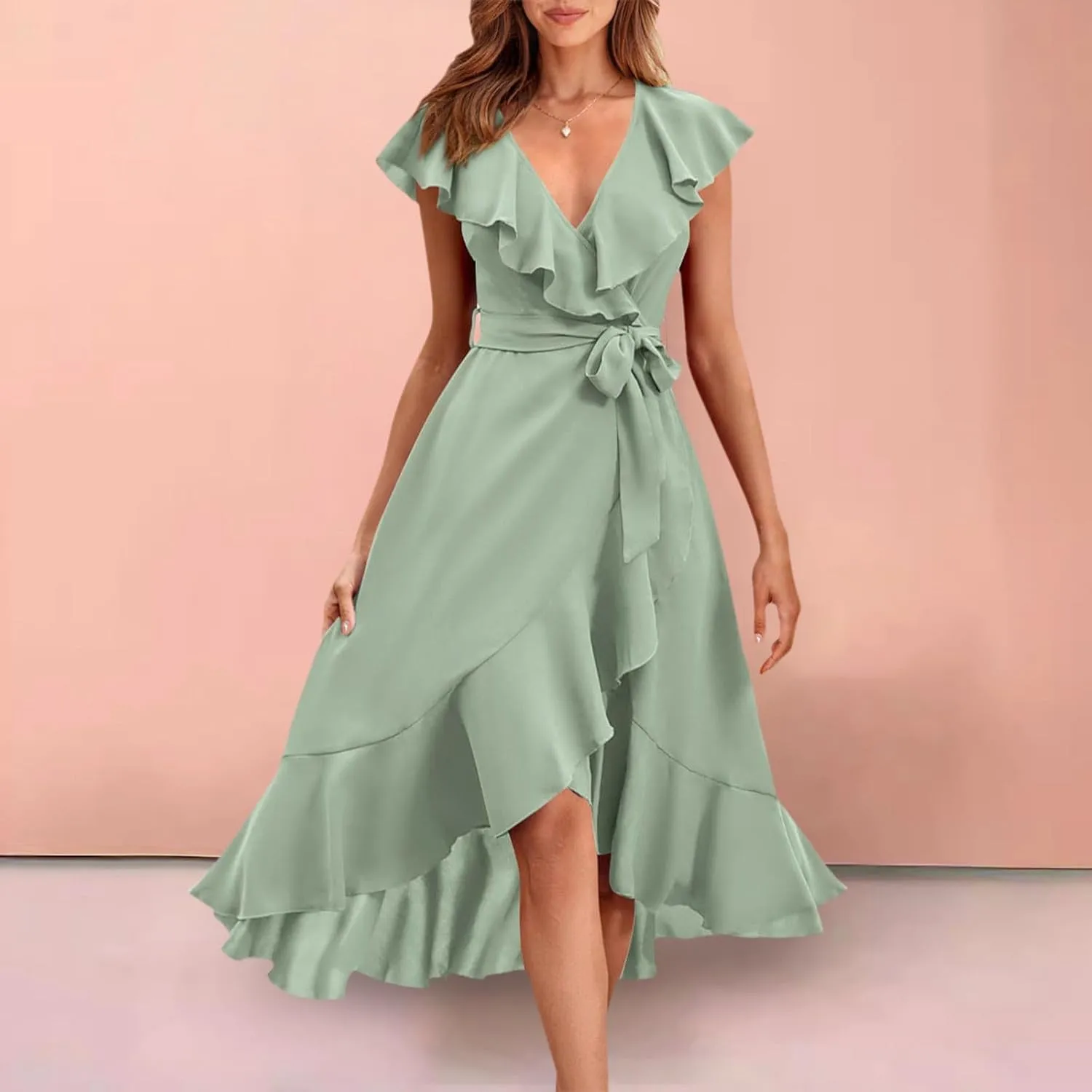 Women's Wrap Midi Dress Casual Boho Deep V Neck Short Sleeve Ruffle Hem Split Beach Long Dresses
