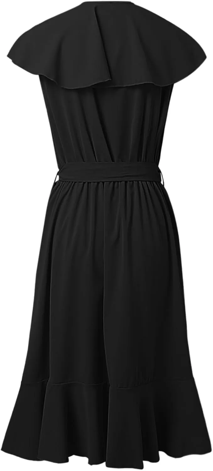 Women's Wrap Midi Dress Casual Boho Deep V Neck Short Sleeve Ruffle Hem Split Beach Long Dresses
