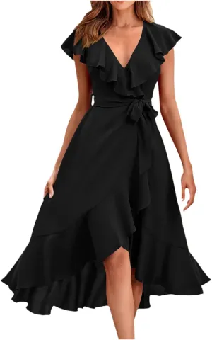 Women's Wrap Midi Dress Casual Boho Deep V Neck Short Sleeve Ruffle Hem Split Beach Long Dresses