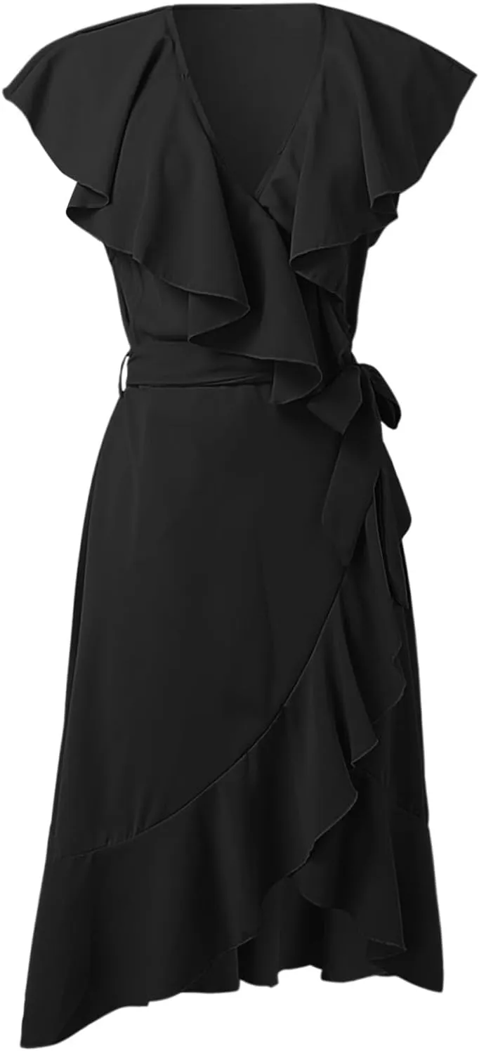 Women's Wrap Midi Dress Casual Boho Deep V Neck Short Sleeve Ruffle Hem Split Beach Long Dresses