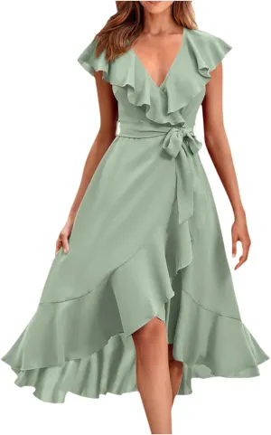 Women's Wrap Midi Dress Casual Boho Deep V Neck Short Sleeve Ruffle Hem Split Beach Long Dresses