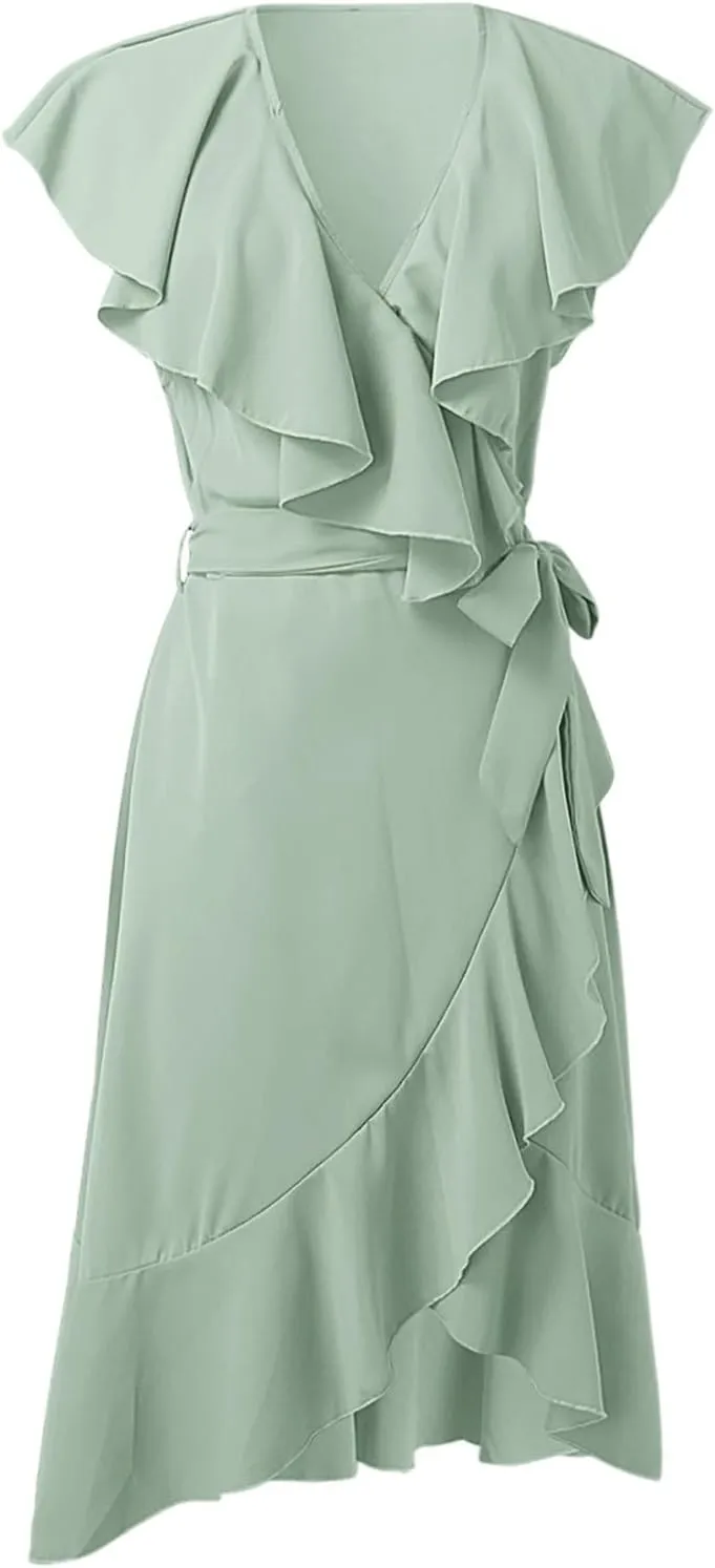 Women's Wrap Midi Dress Casual Boho Deep V Neck Short Sleeve Ruffle Hem Split Beach Long Dresses