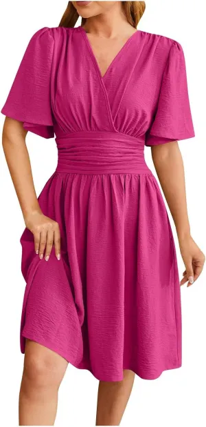 Women's Wrap V-Neck Midi Dress Ruffle Short Sleeve Boho Summer Beach Dress Flowy Pleated Wedding Guest Dresses