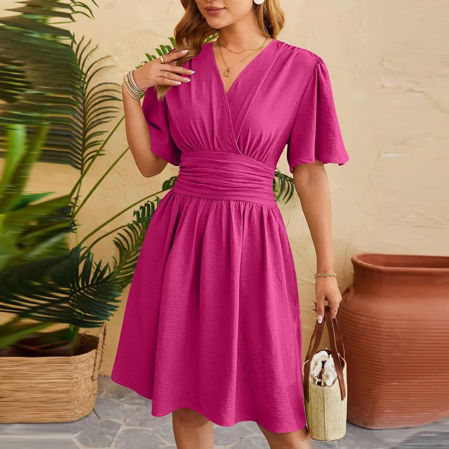 Women's Wrap V-Neck Midi Dress Ruffle Short Sleeve Boho Summer Beach Dress Flowy Pleated Wedding Guest Dresses