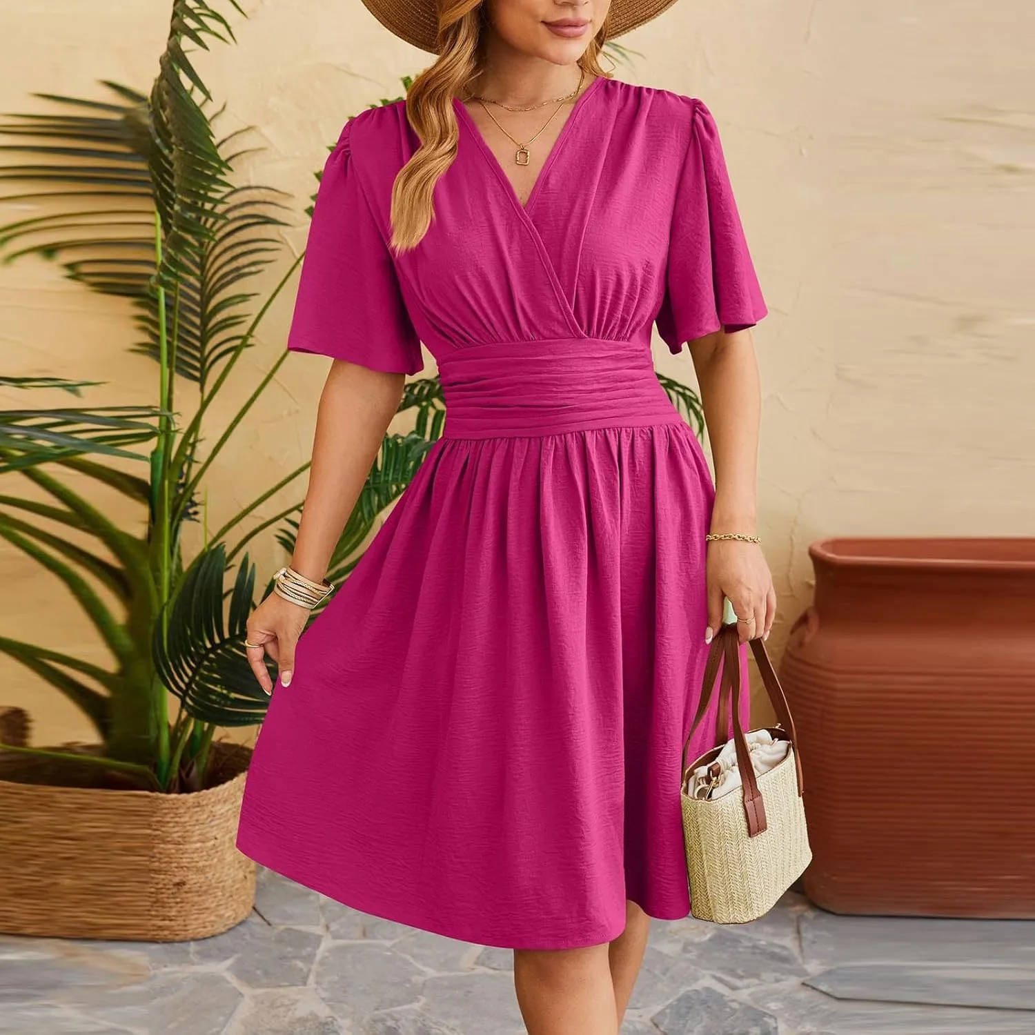 Women's Wrap V-Neck Midi Dress Ruffle Short Sleeve Boho Summer Beach Dress Flowy Pleated Wedding Guest Dresses