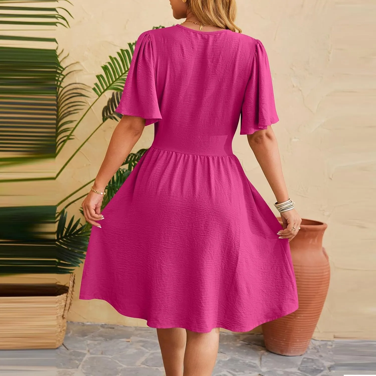 Women's Wrap V-Neck Midi Dress Ruffle Short Sleeve Boho Summer Beach Dress Flowy Pleated Wedding Guest Dresses
