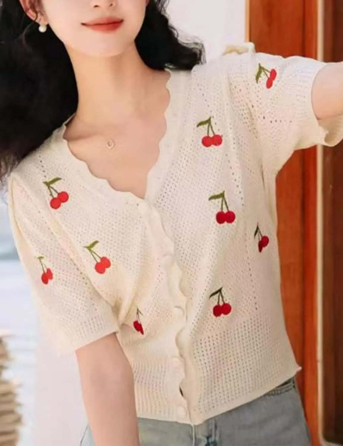 Xunger Women's Cute Cherry Embroidery Knit Cardigan V-Neck Summer Crochet Cropped Top Lightweight Casual Blouse