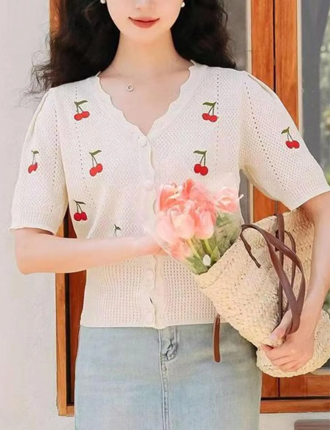Xunger Women's Cute Cherry Embroidery Knit Cardigan V-Neck Summer Crochet Cropped Top Lightweight Casual Blouse