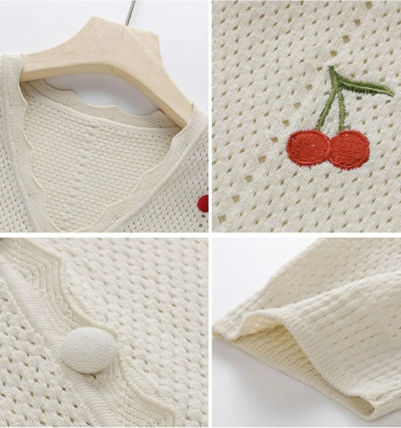 Xunger Women's Cute Cherry Embroidery Knit Cardigan V-Neck Summer Crochet Cropped Top Lightweight Casual Blouse